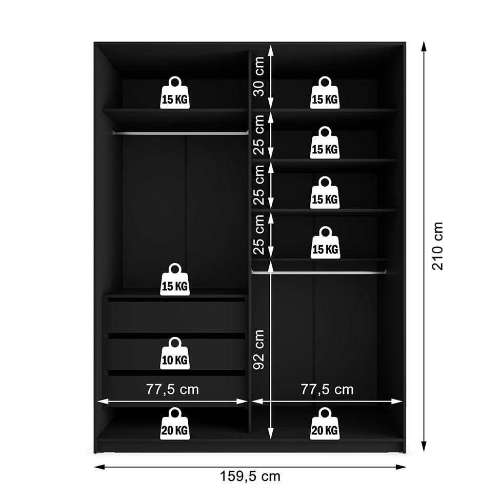 Guarda-Roupa Closet Monreale 100 % MDF 3 GV Preto 160 cm