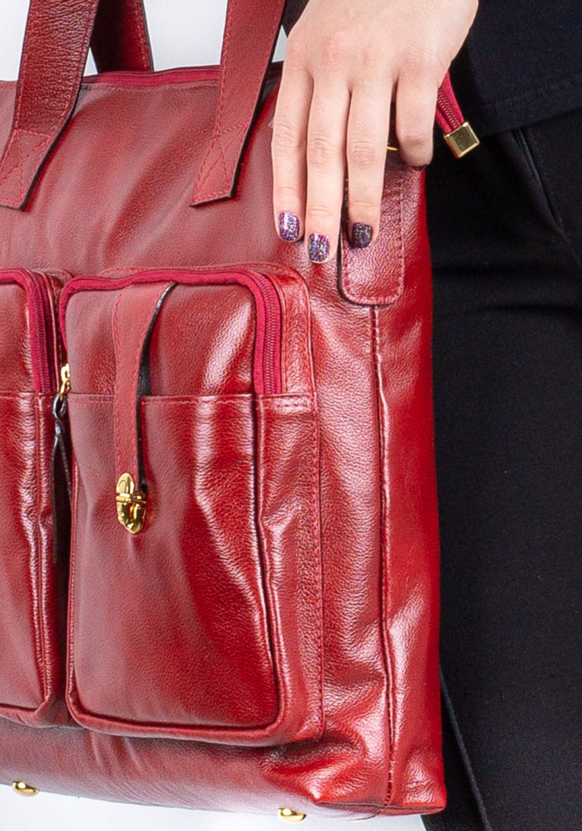 Bolsa para notebook de couro liso Jaque Vermelho