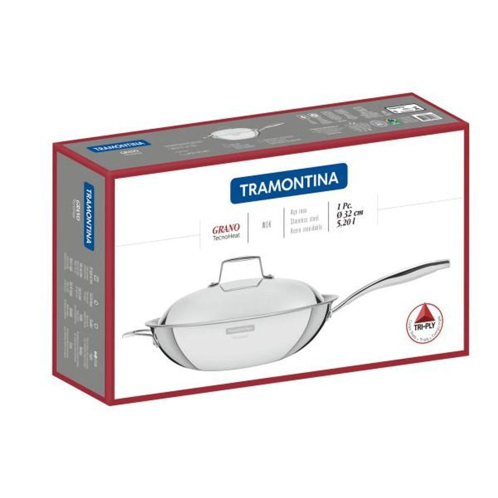 Wok Tramontina Grano Em Aço Inox Com Corpo Triplo Revestimento Interno Com Cabo 32 Cm 5,2 L