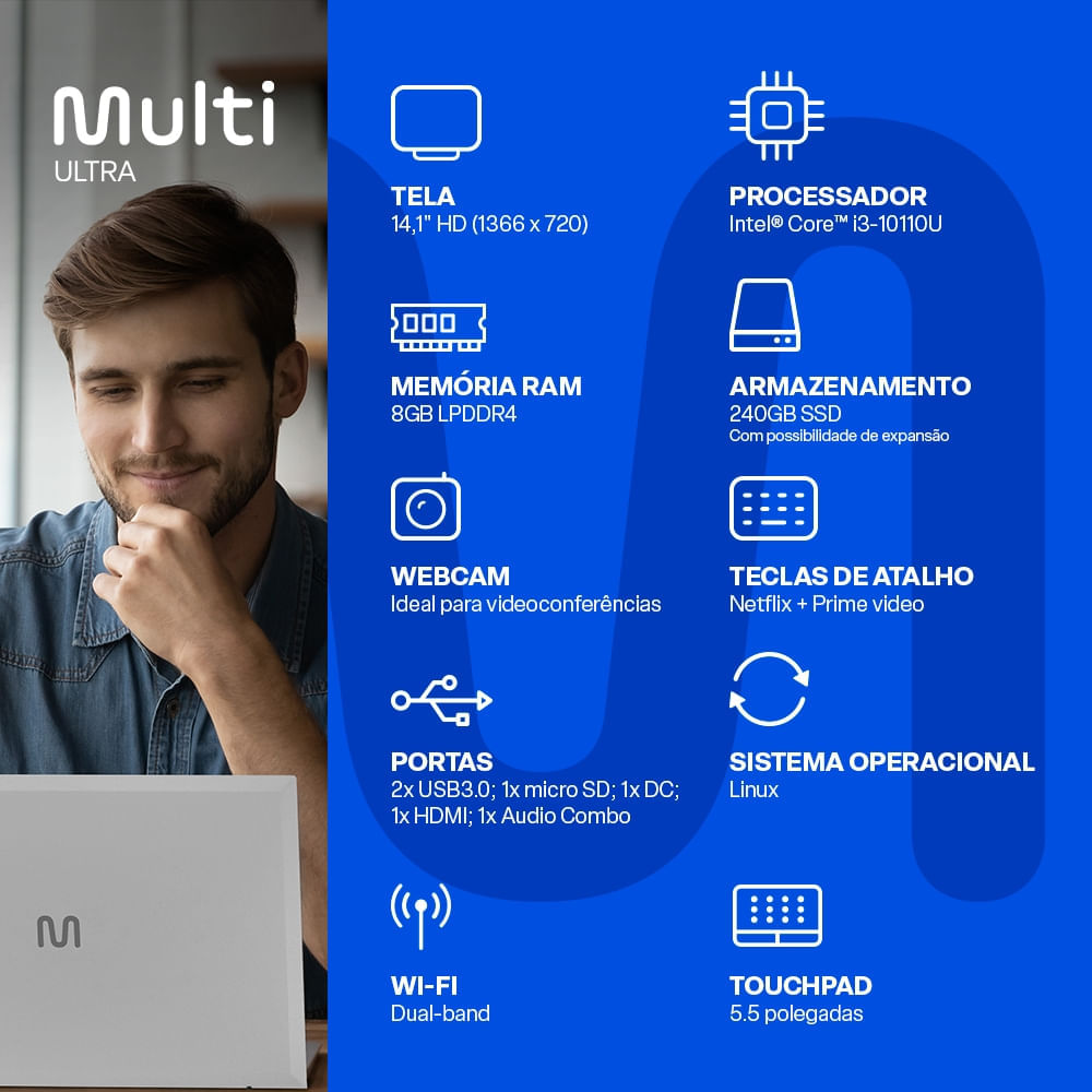 Notebook Ultra, com Linux, Processador Intel Core i3, 8GB 240GB SSD ...