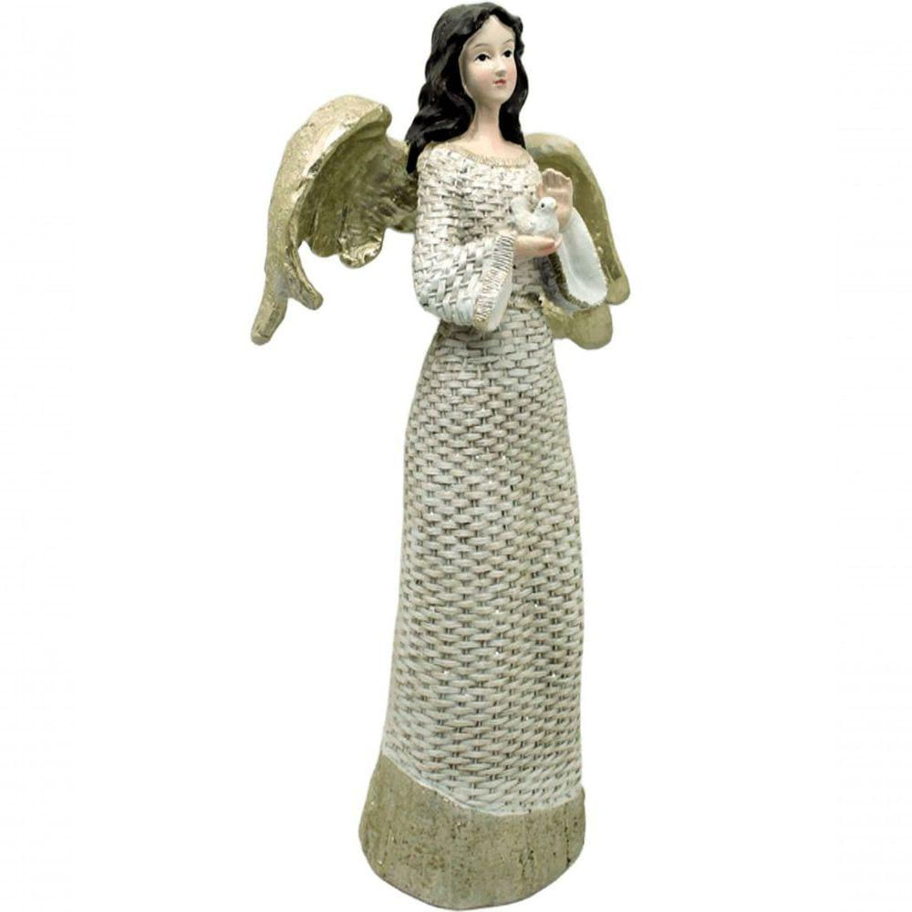 Estatueta Anjo Pombinha Branca Enfeite Em Resina Natal 38cm