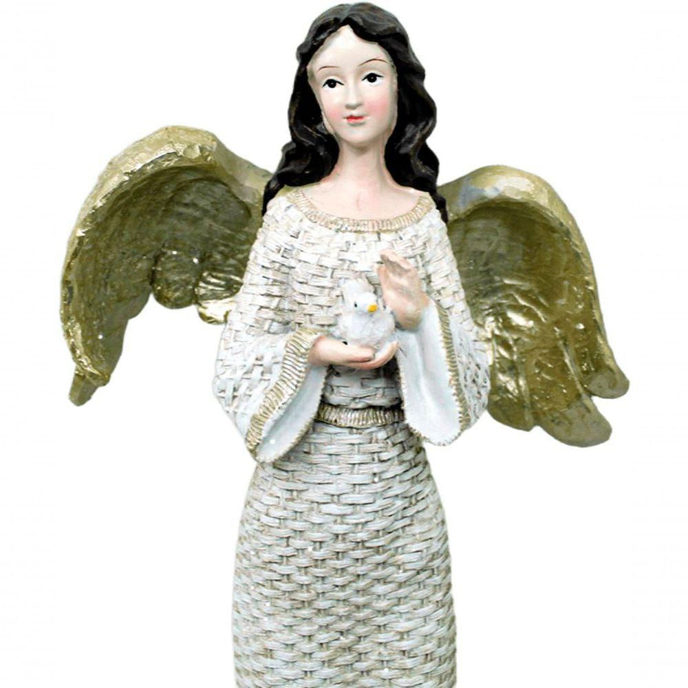 Estatueta Anjo Pombinha Branca Enfeite Em Resina Natal 38cm