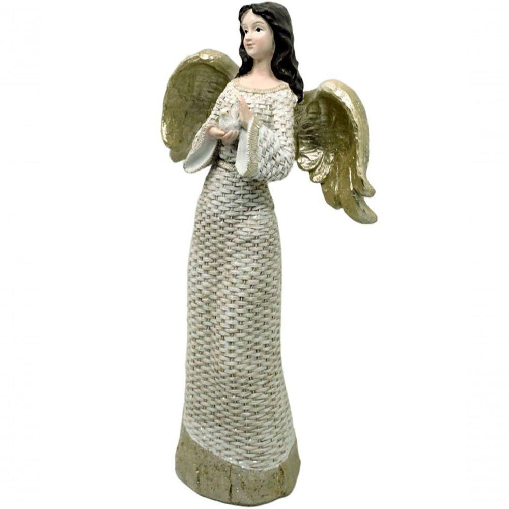 Estatueta Anjo Pombinha Branca Enfeite Em Resina Natal 38cm