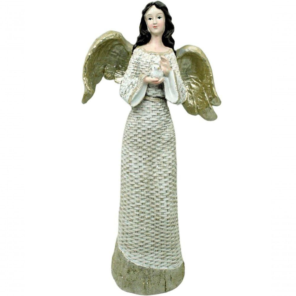 Estatueta Anjo Pombinha Branca Enfeite Em Resina Natal 38cm