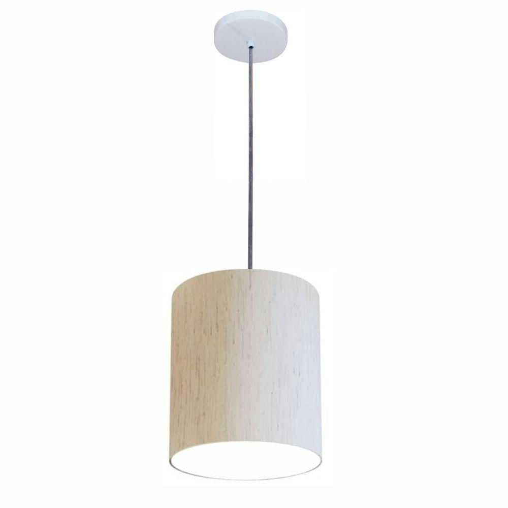 Luminária Pendente Vivare Free Lux Md-4103 Cúpula Em Tecido Linho Bege Da Canopla Canopla Branca E Fio Cristal