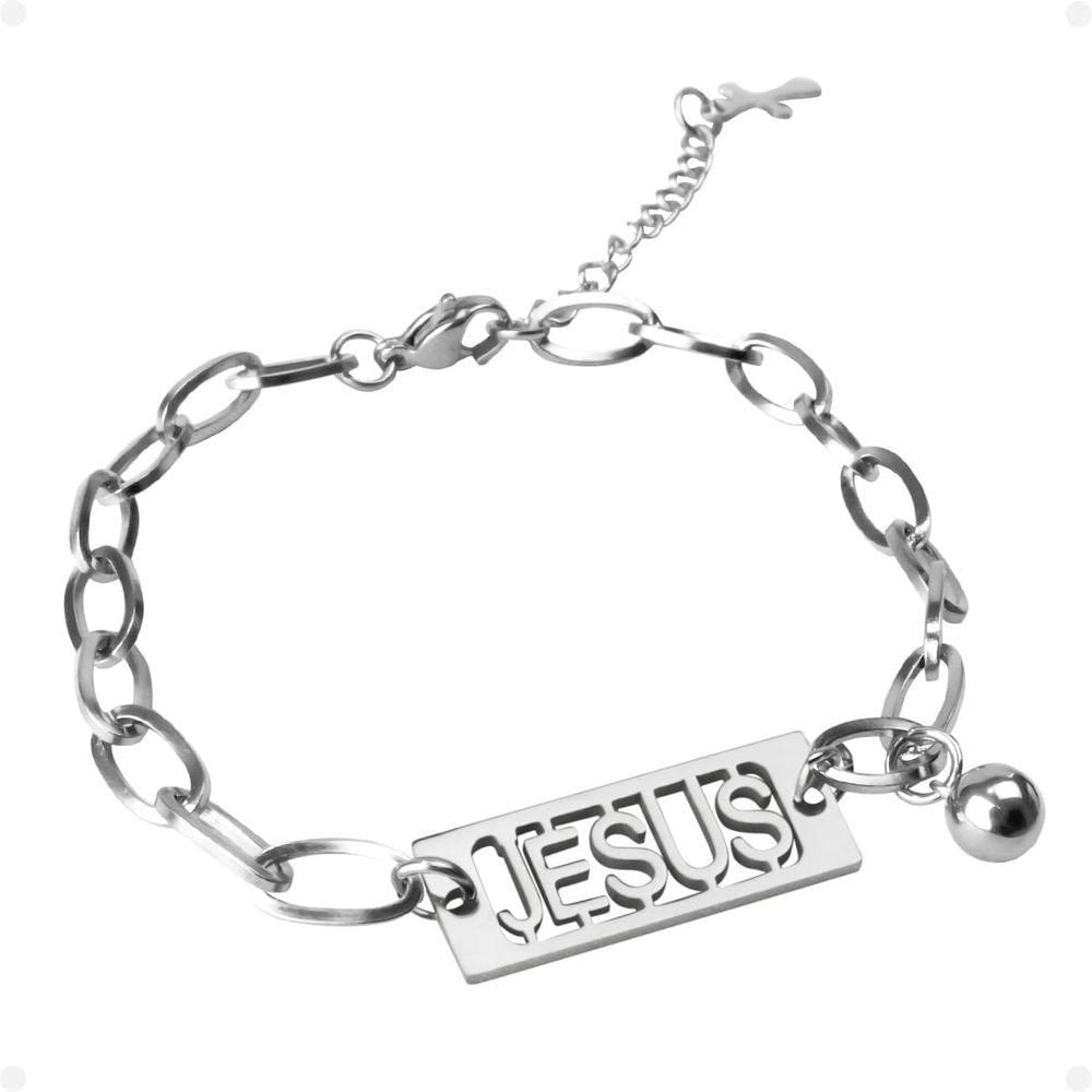 Pulseira Masculina Prata Aço Inoxidável + Pingente Jesus