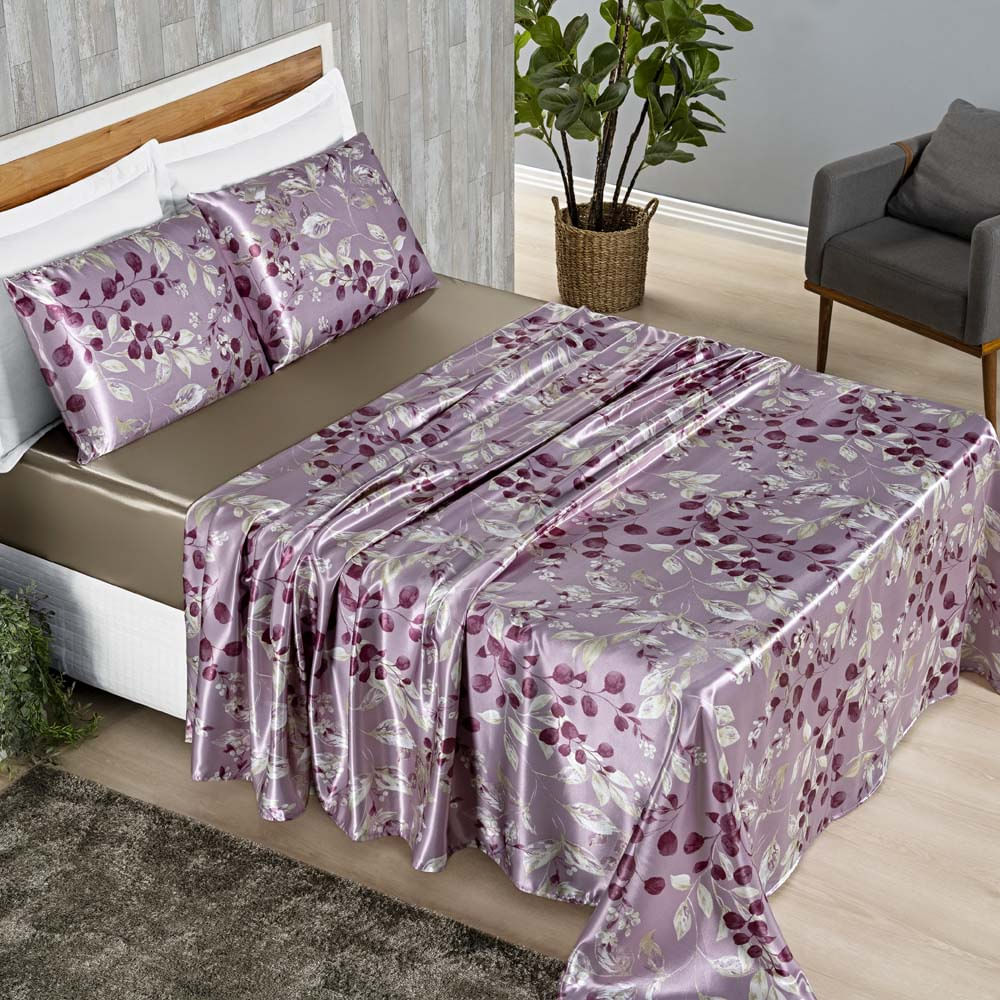 Jogo Cama Lençol Vine Casal Padrão Cetim Estampado Alto Brilho 4 Peças - Rosa Esplendor Floral