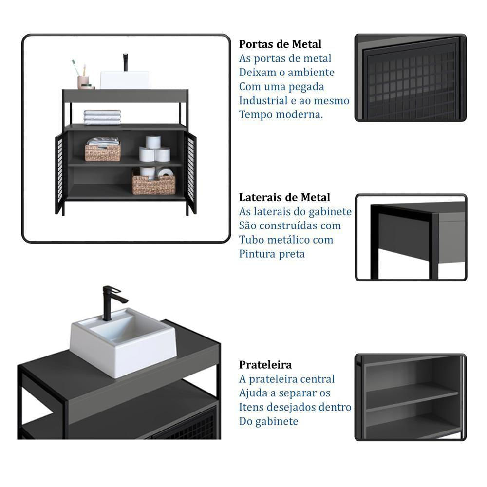 Kit Gabinete E Cuba Para Banheiro P1038c Grafite Pp Milani Store Grafite