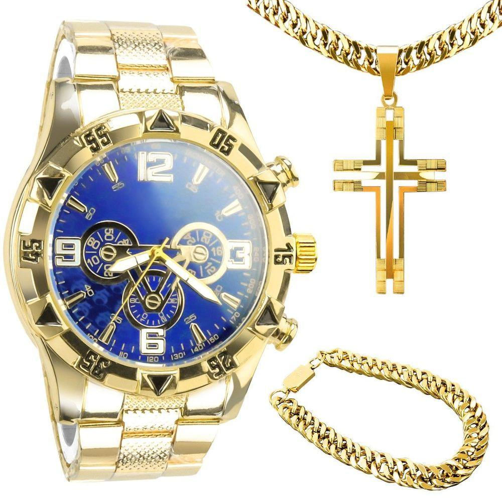 Relogio Masculino Aço Banhado Ouro + Pulseira + Crucifixo Pesado Grande Qualidade Premium Robusto