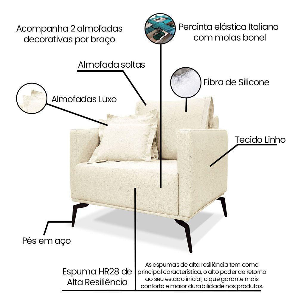 Poltrona Decorativa Livorno Linho Com Pés Em Aço SSX Multicoisas Perola