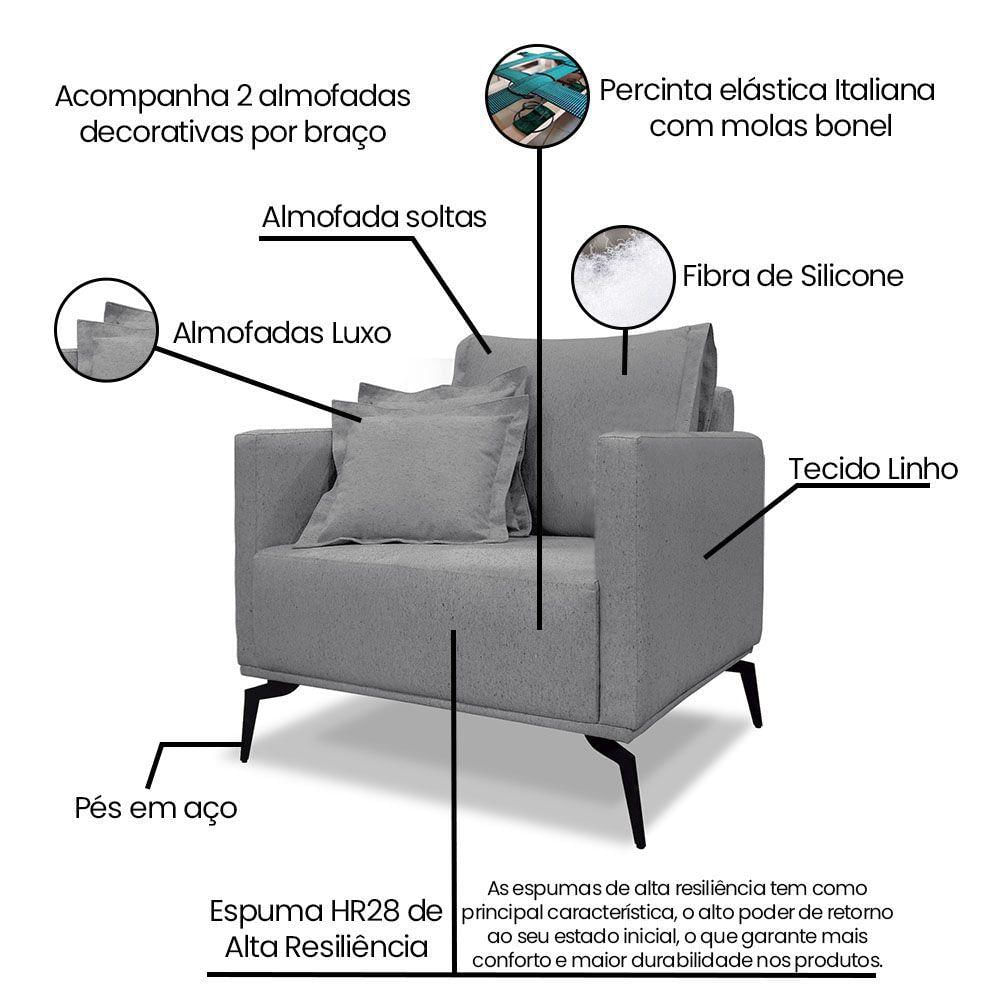 Kit 2 Poltronas Decorativa Livorno Linho Com Pés Em Aço SSX Multicoisas Cinza