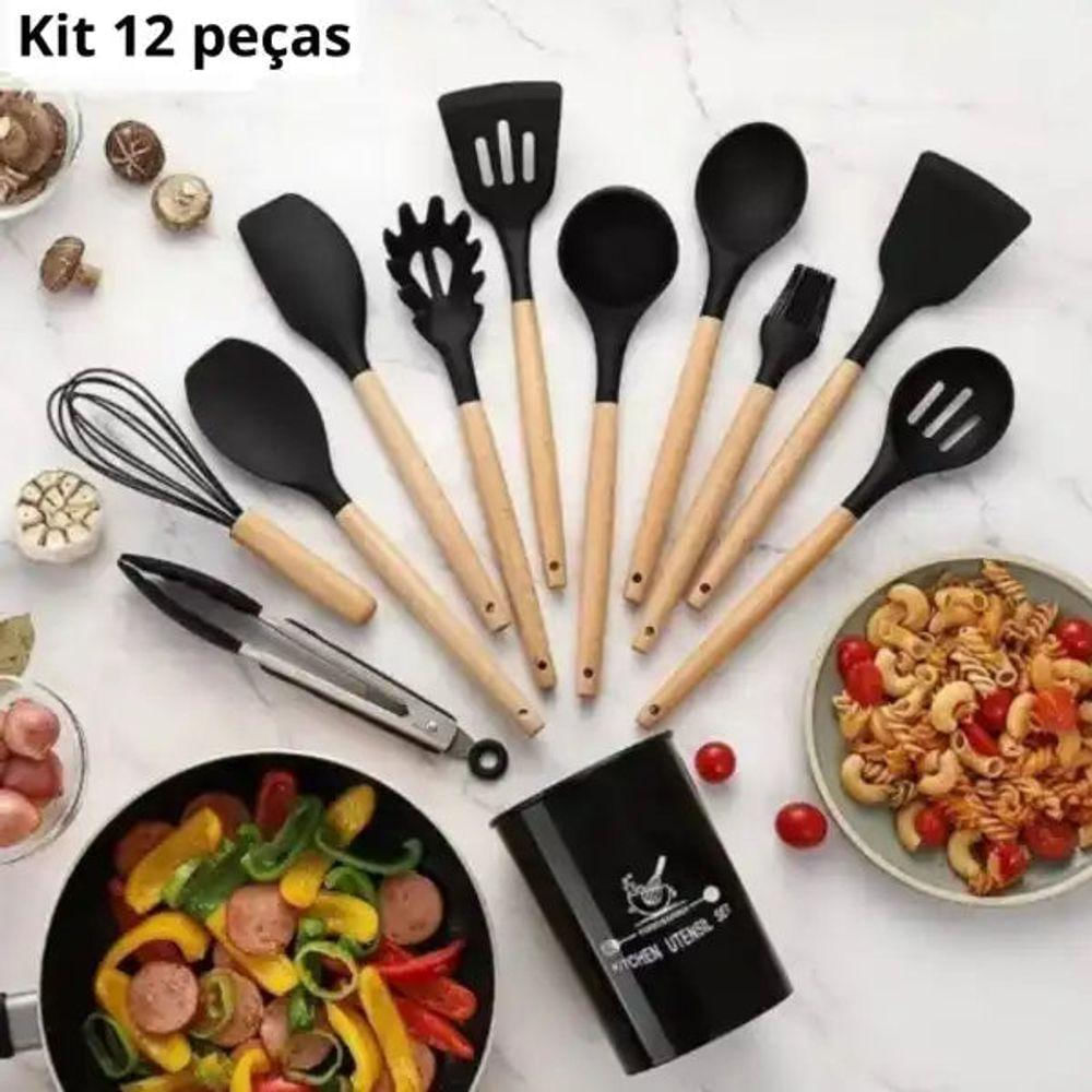 Kit 65046preto 12 Conjunto Utensílios Silicone Colher Preto 65046