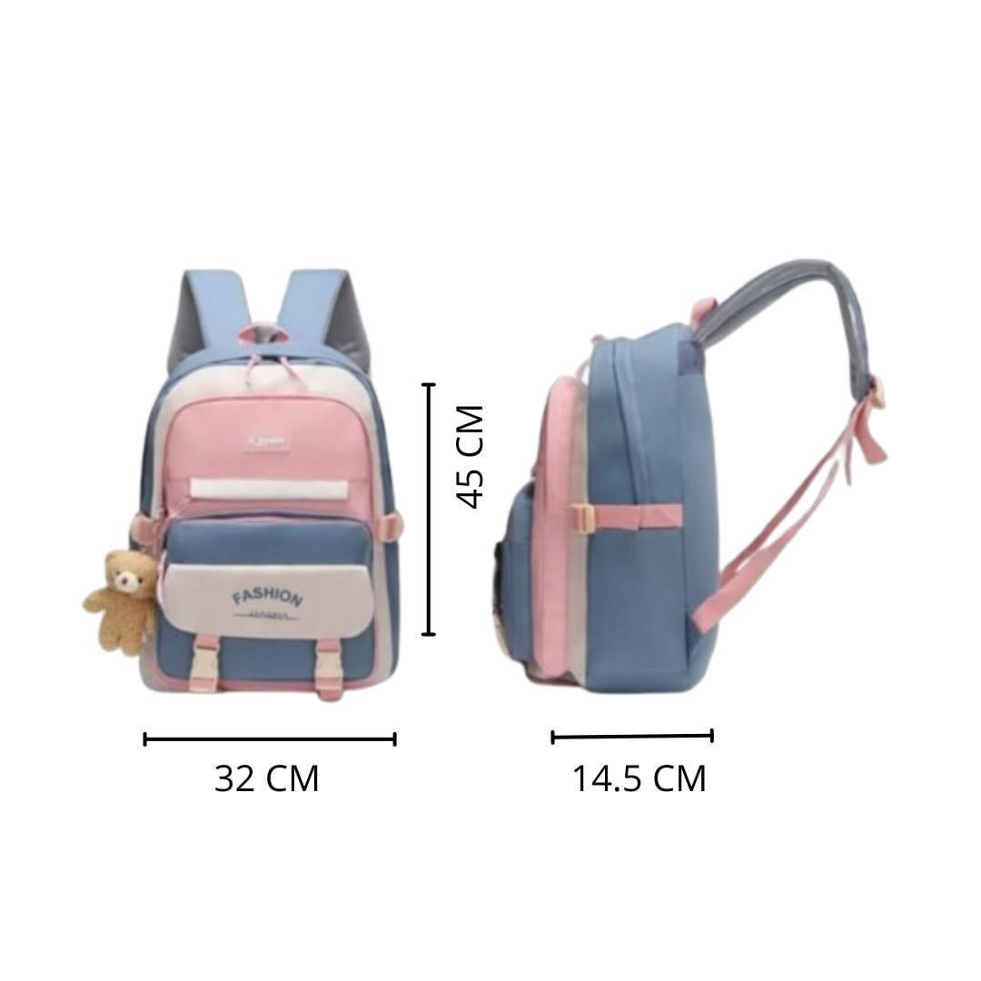 Mochila Escolar Grande Versão Coreana/Japonesa Antifurto Impermeável + Ursinho Único / Azul