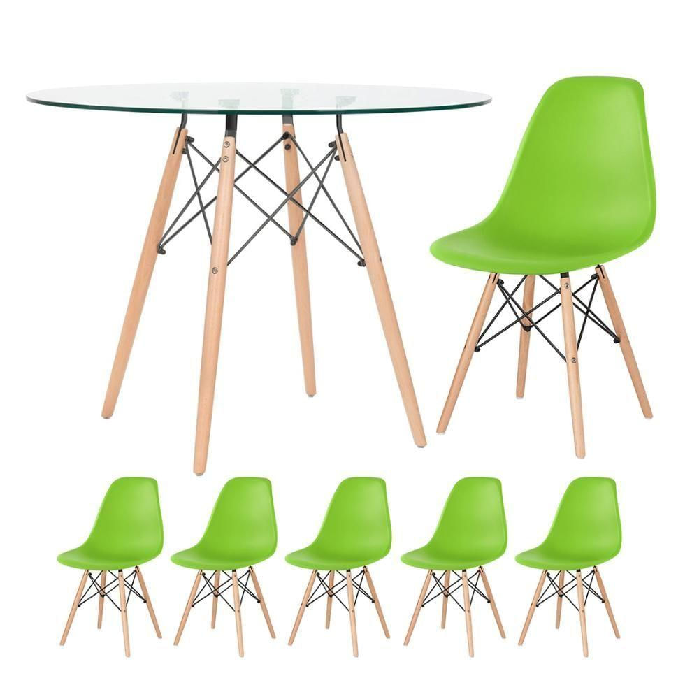 Mesa Redonda Eames 100cm + 5 Cadeiras Verde Claro