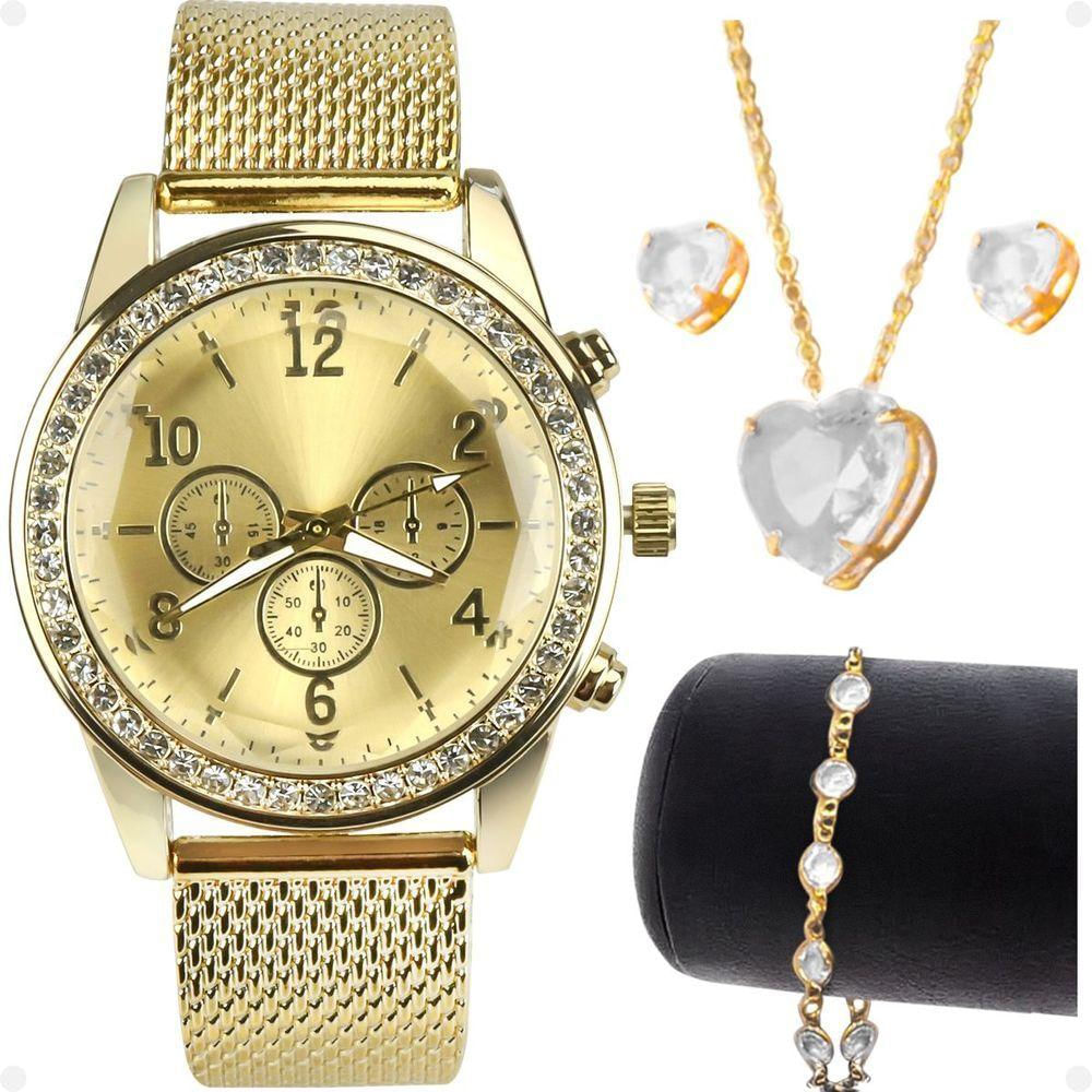 Relogio Feminino Strass Dourado + Colar + Pulseira Social