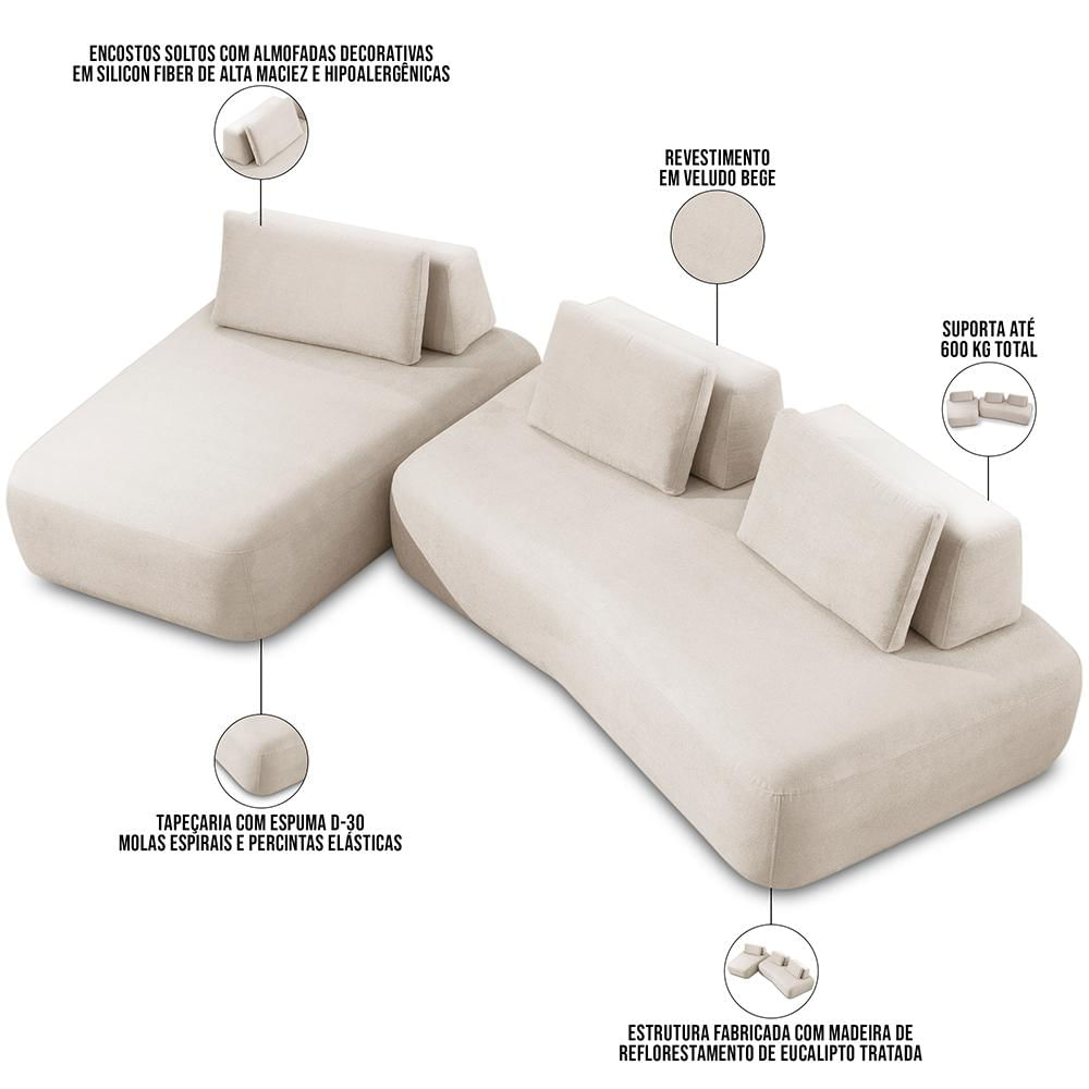 Sofá 5 Lugares Com Chaise Para Sala de Estar Living 335cm Shape T03 Veludo Bege - Lyam Decor