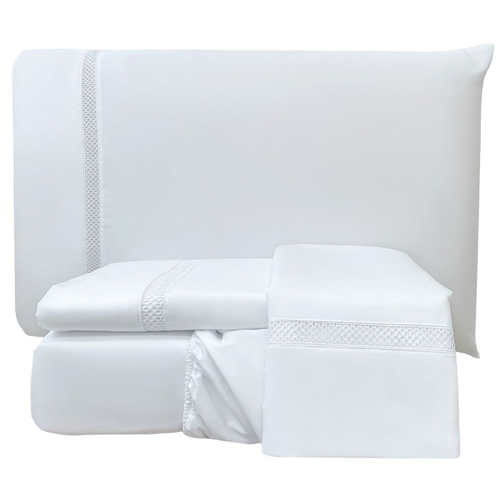 Jogo de Cama Lençol Stella Queen 4 Peças Percal 300 Fios Ponto Infinito Macio - Branco