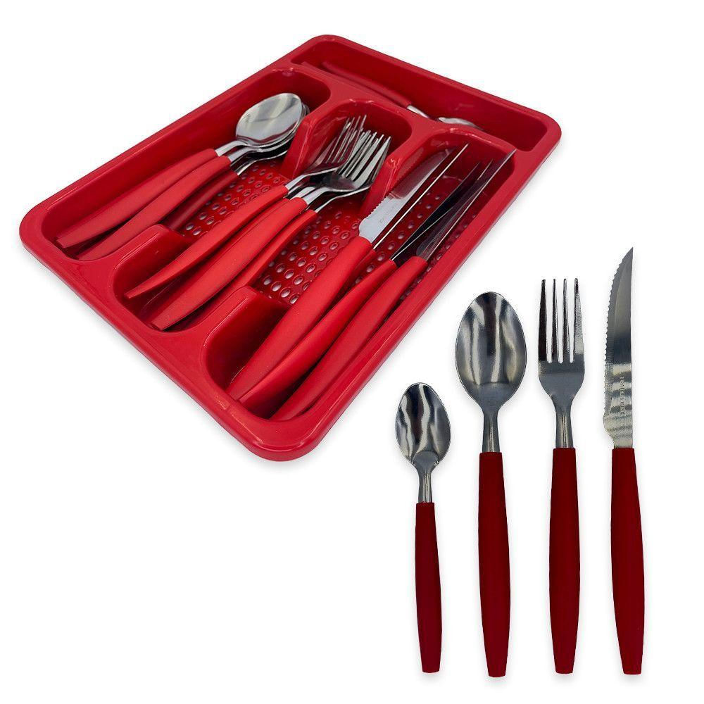 Faqueiro Em Aço Inox Com Gaveteiro Kit De Talheres Vermelho: Qualidade E Praticidade