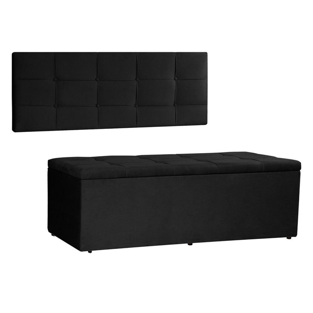 Kit Painel E Calçadeira Baú Solteiro 0,90m Roma Suede - Pallazio Cor Preto