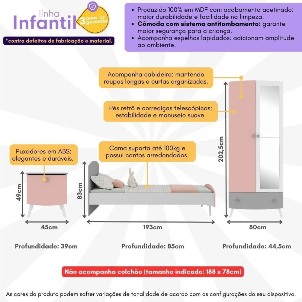 Quarto Infantil Completo Para Colchão 188x78cm Doçura Multimóveis Mp4331 Branco/cinza/rosa