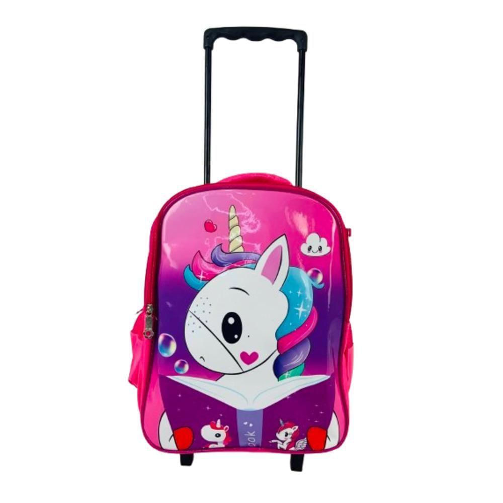 Kit Mochila De Carrinho Infantil Escolar Estojo Lancheira Térmica Unicornio Bolsa Impermeavel Rosa