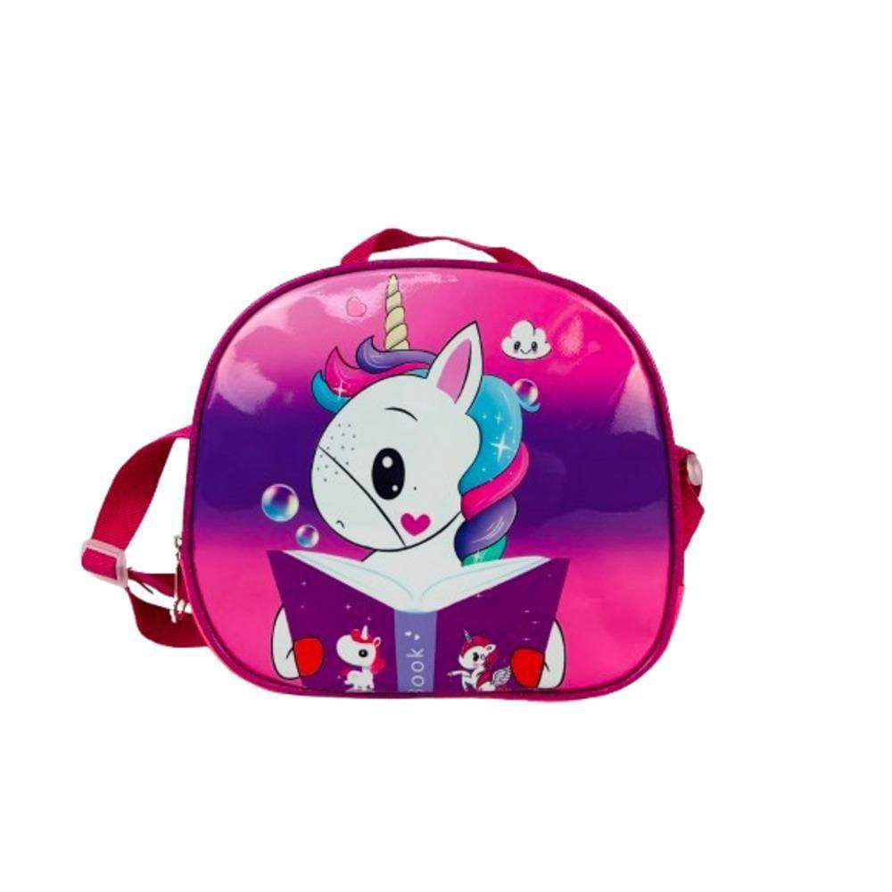 Kit Mochila De Carrinho Infantil Escolar Estojo Lancheira Térmica Unicornio Bolsa Impermeavel Rosa