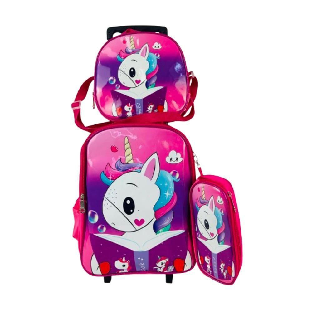 Kit Mochila De Carrinho Infantil Escolar Estojo Lancheira Térmica Unicornio Bolsa Impermeavel Rosa