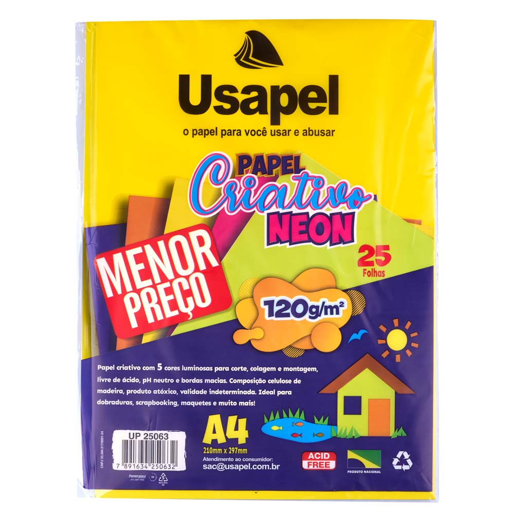 Bloco Criativo Usapel Neon A4 com 25 Folhas em 5 Cores 210x297mm 120g