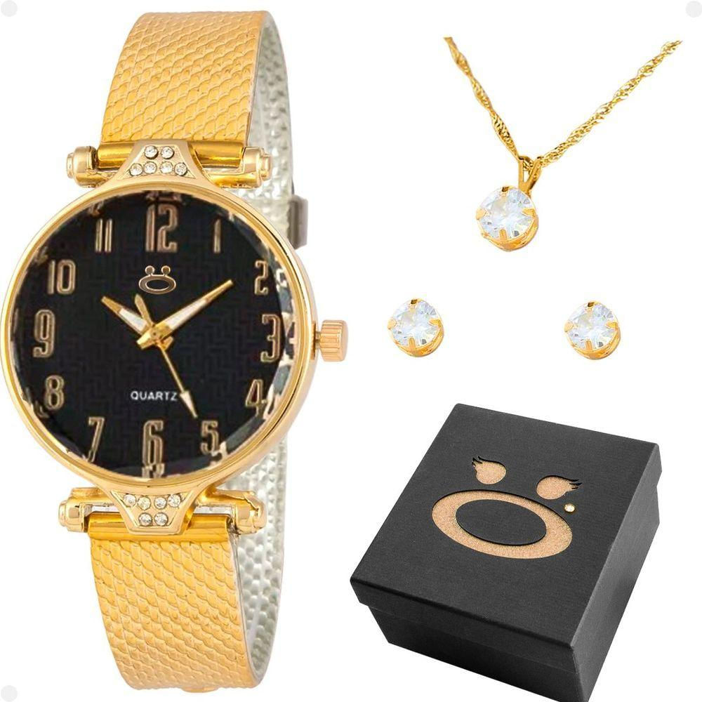 Relogio Dourado Feminino Banhado + Caixa + Colar Brincos Presente Qualidade Premium Mostrador Preto