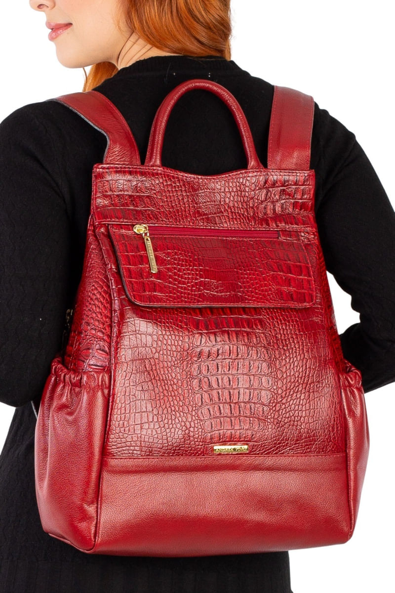 Mochila antifurto de couro croco Suelen Vermelho