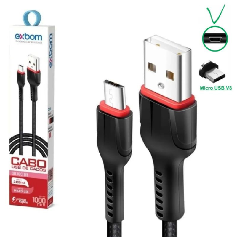 Cabo V8 Micro Usb 2.4A Turbo 1 Metro de Dados e Carregamento Exbom - CBX-U2C13V8