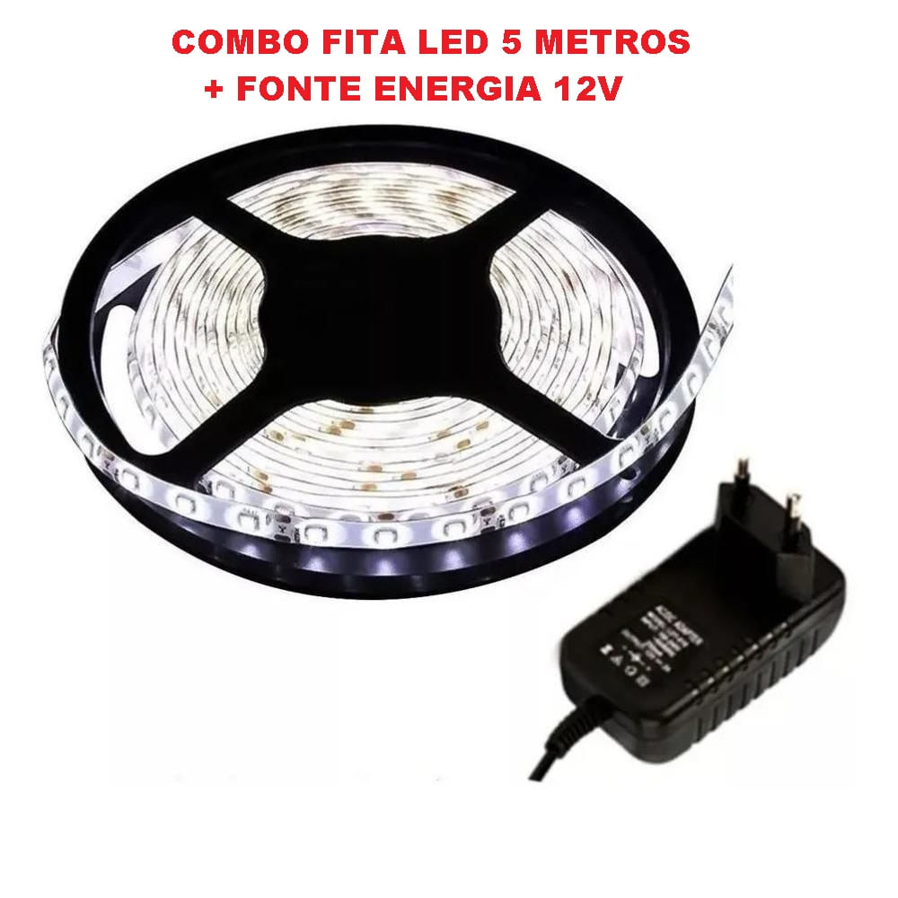 Kit Fita de Led Branco Frio 6000k com 5 Metros + Fonte Energia 12v Bivolt