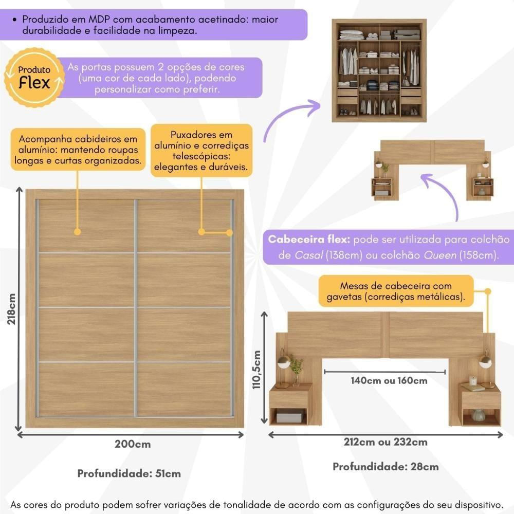 Guarda-roupas Casal E Cabeceira Com 2 Mesas De Cabeceira Multimóveis Mp4337 Madeirado Madeirado