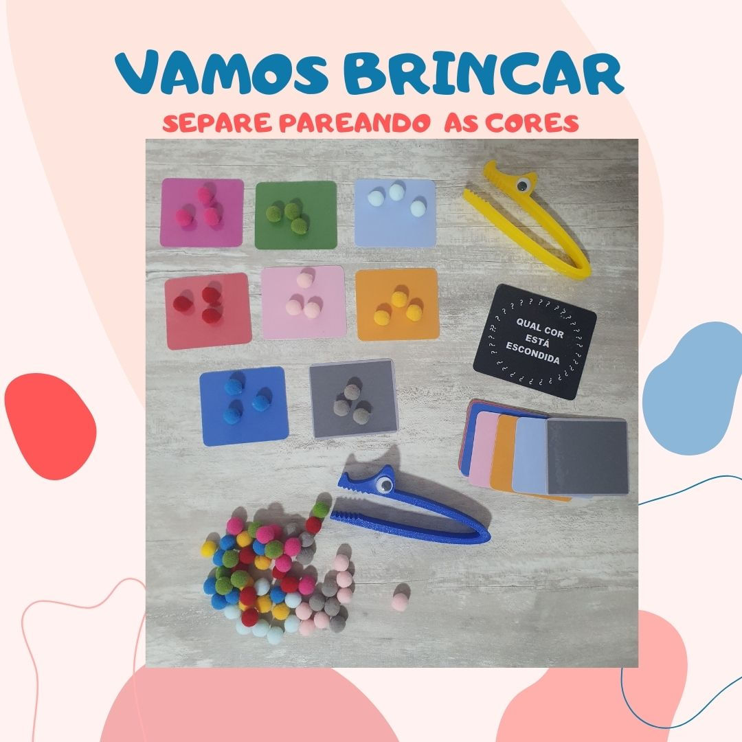 Jogo das Cores: 2 Pinças Jacaré + 80 Bolinhas Pom Pom + 16 Cartelas de Cores