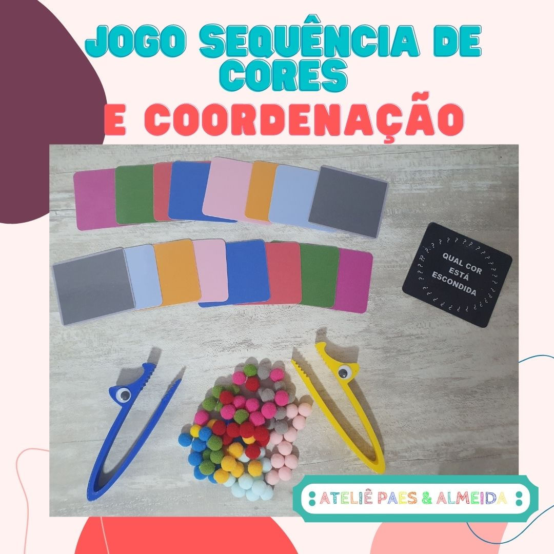 Jogo das Cores: 2 Pinças Jacaré + 80 Bolinhas Pom Pom + 16 Cartelas de Cores