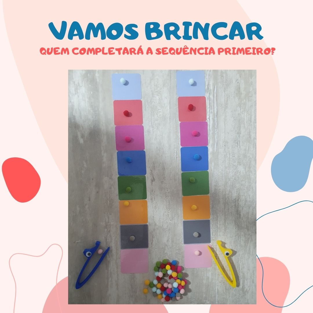 Jogo das Cores: 2 Pinças Jacaré + 80 Bolinhas Pom Pom + 16 Cartelas de Cores