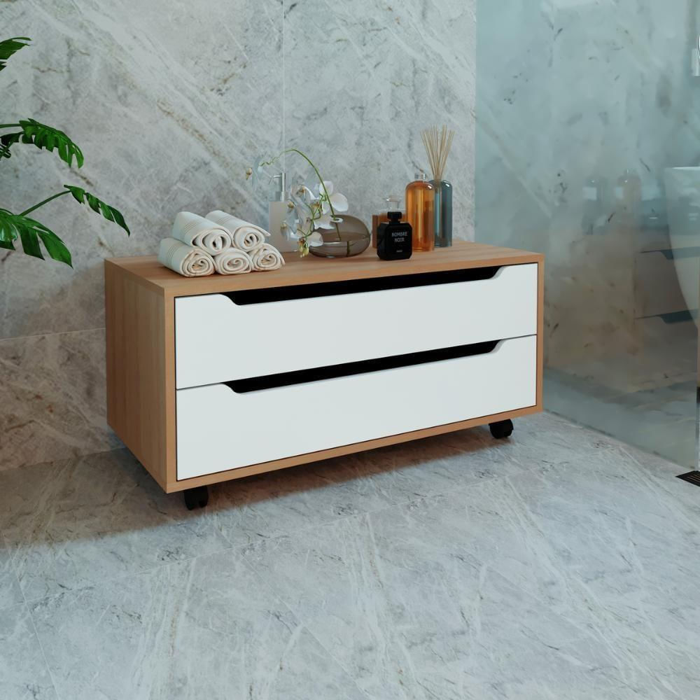 Balcão Gabinete Com 2 Gavetas E Rodízio Bn3643 Amêndoa branco Tecnomobili