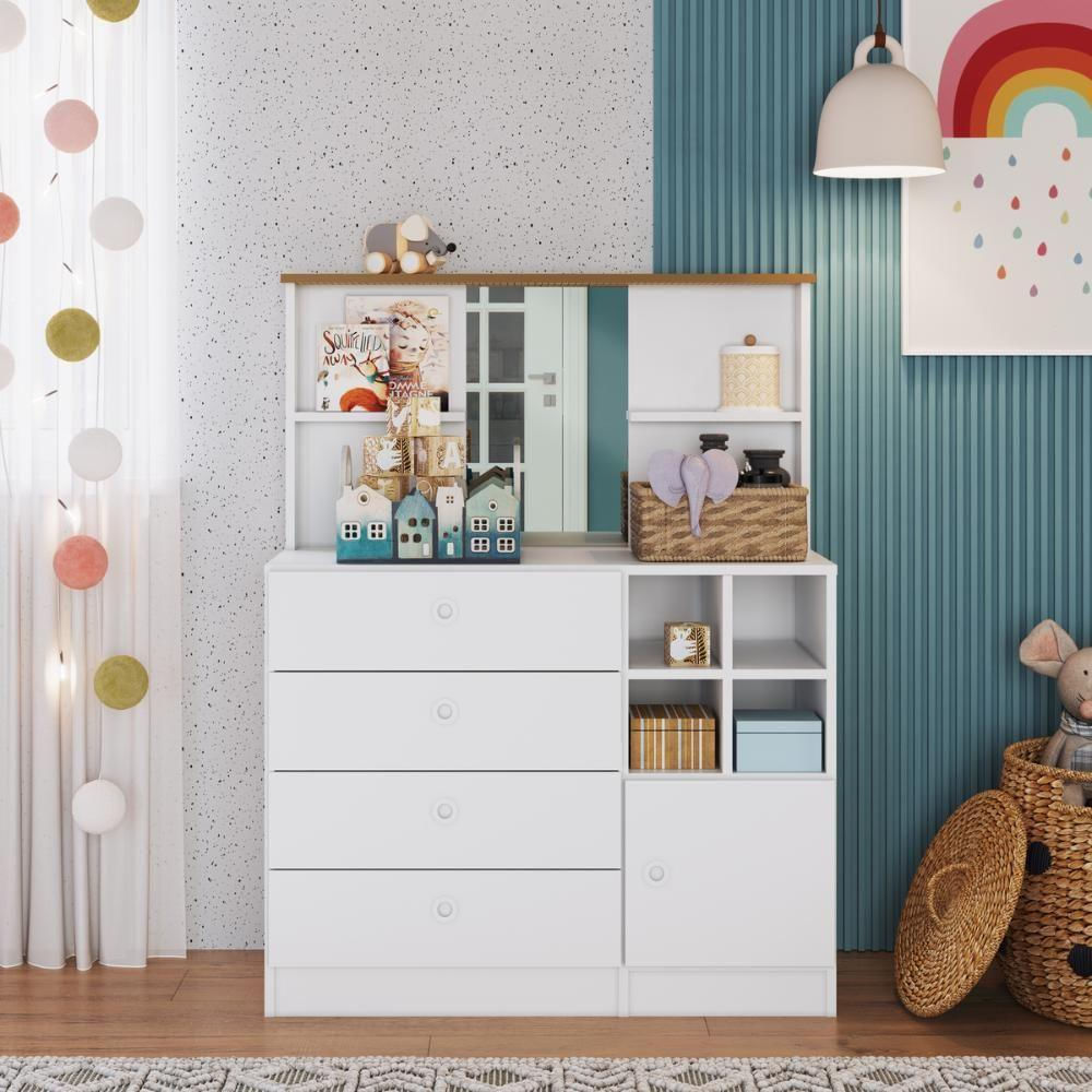 Comoda Com 4 Gavetas, Porta E Espelho House Branco