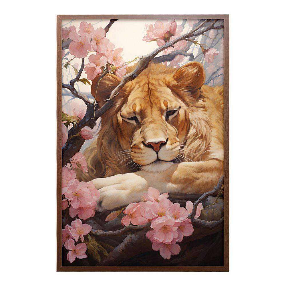 Quadro Decorativo Leão Flor Cerejeira Moldura Cx Alta 100x66