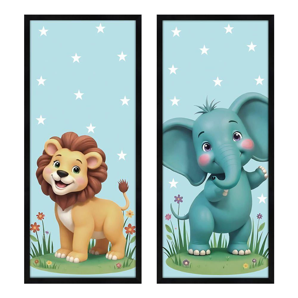 Kit 2 Quadros 25x60 Infantil Safari Estrelado Moldura Preta