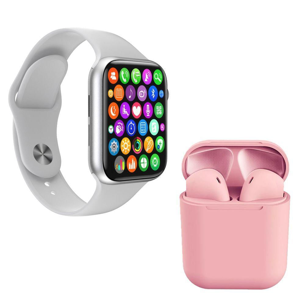 Kit 1 Relógio Smartwatch S Branco + 1 Fone Inpods I12 Rosa