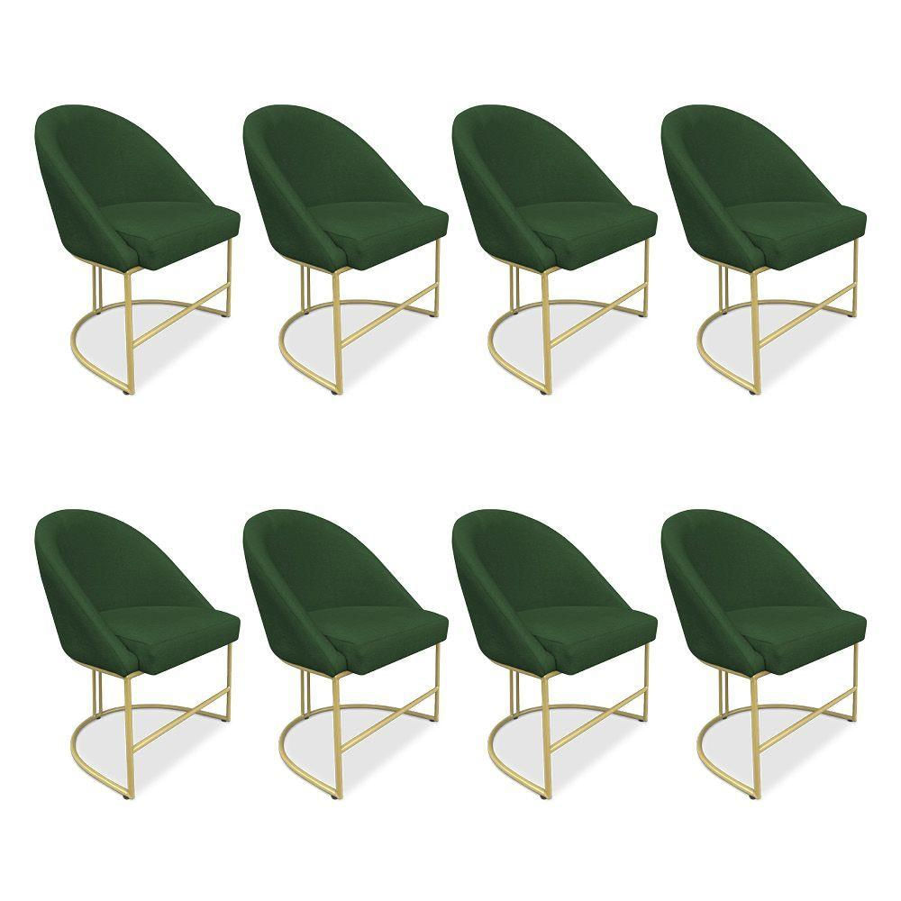 Kit 08 Cadeiras Poltrona De Jantar Bela Suede Verde Base Metálica Industrial Dourado Pallazio