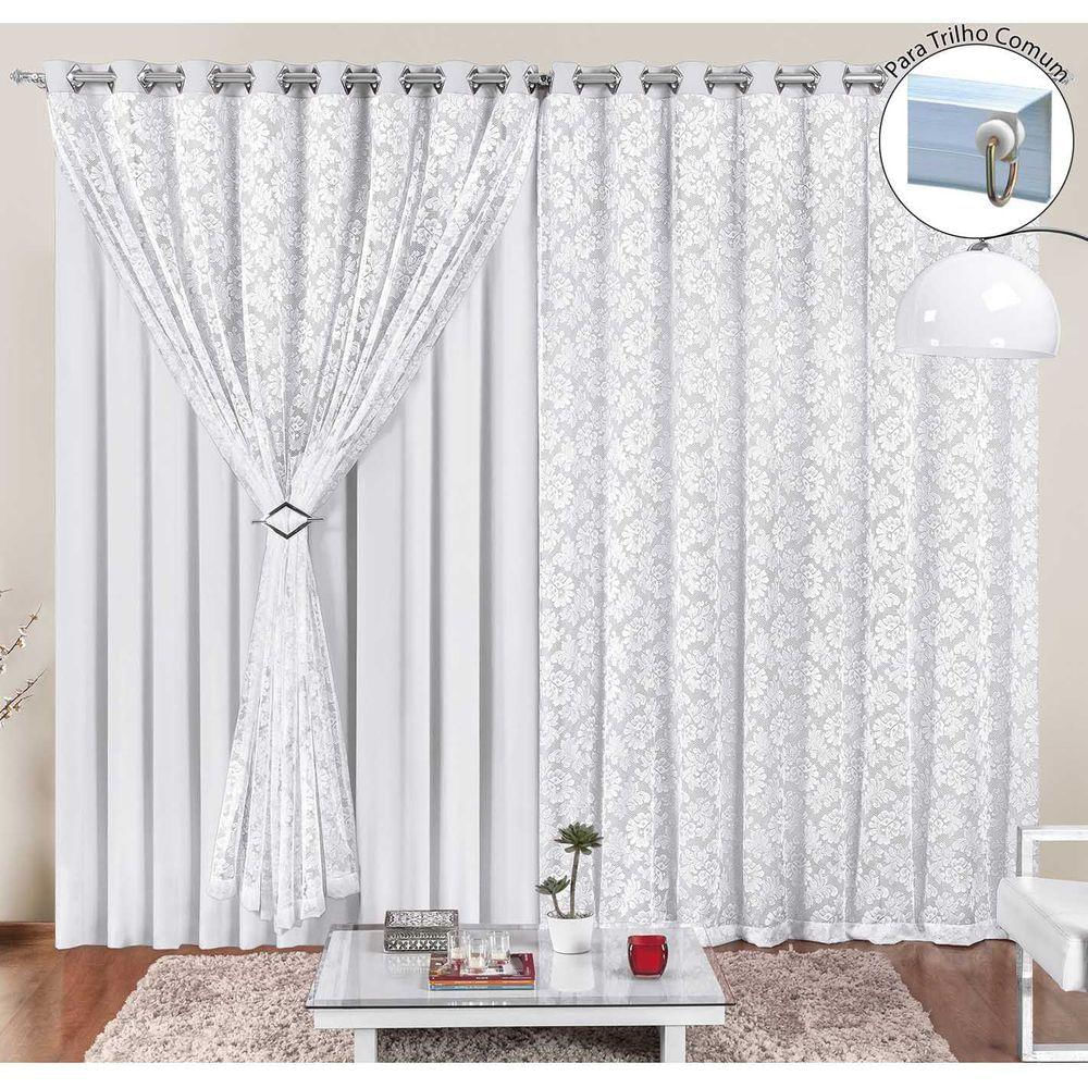 Cortina Yasmin 2,00M X 1,70M Branca Trilho Comum Tecido Malha Renda Floral Leve