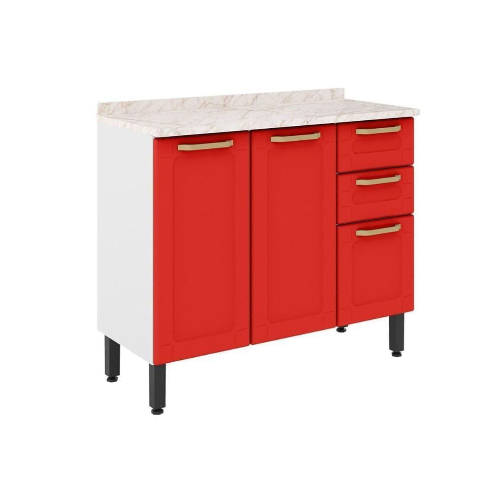 Gabinete P- Pia Cozinha Balcão C- Tampo Colors 6114 C- 3 Portas E 2 Gavetas 105cm Branco-vermelho - Bertolini