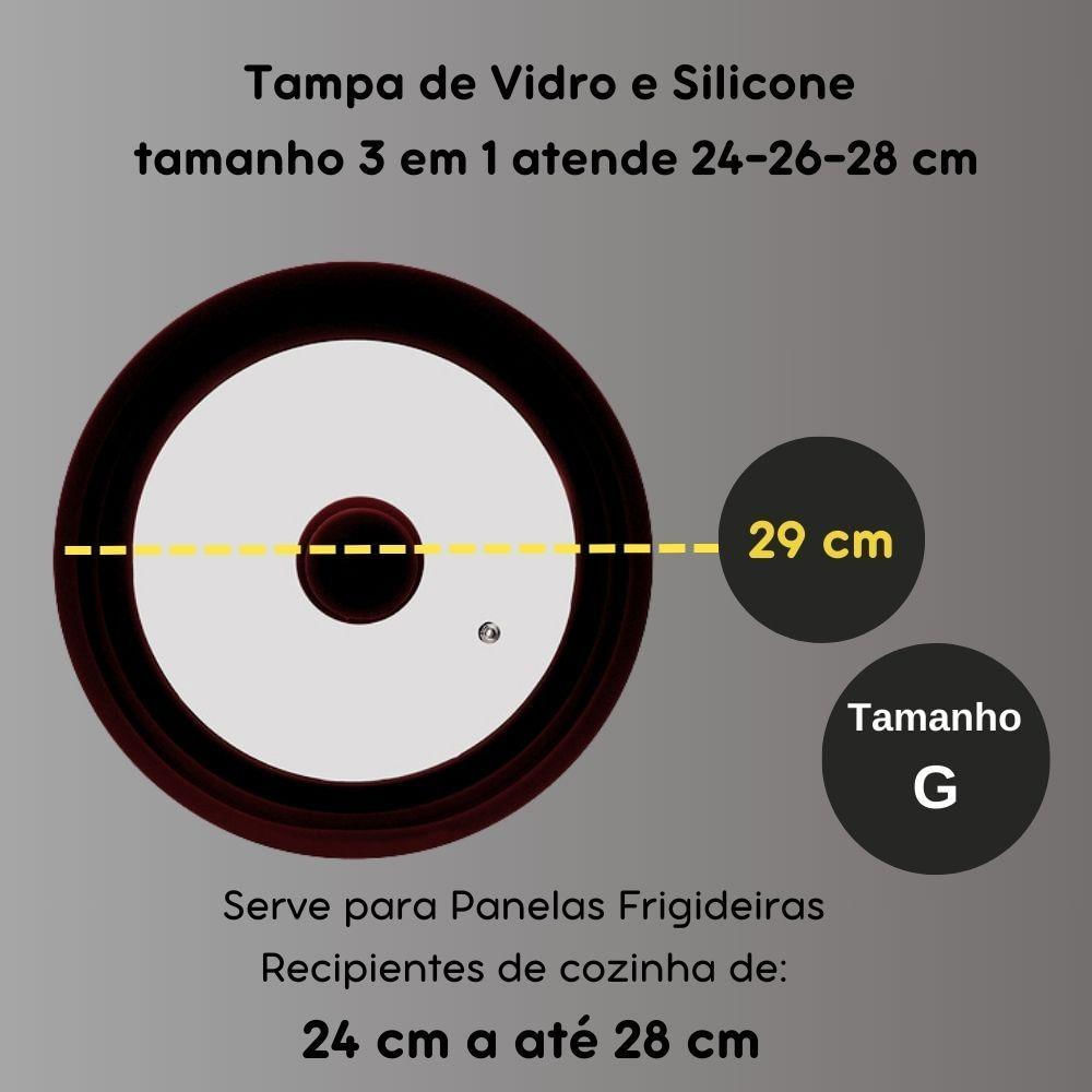 Tampa De Vidro Panela Silicone Frigideira Multiuso 3 Em 1 Preto G:24-26-28