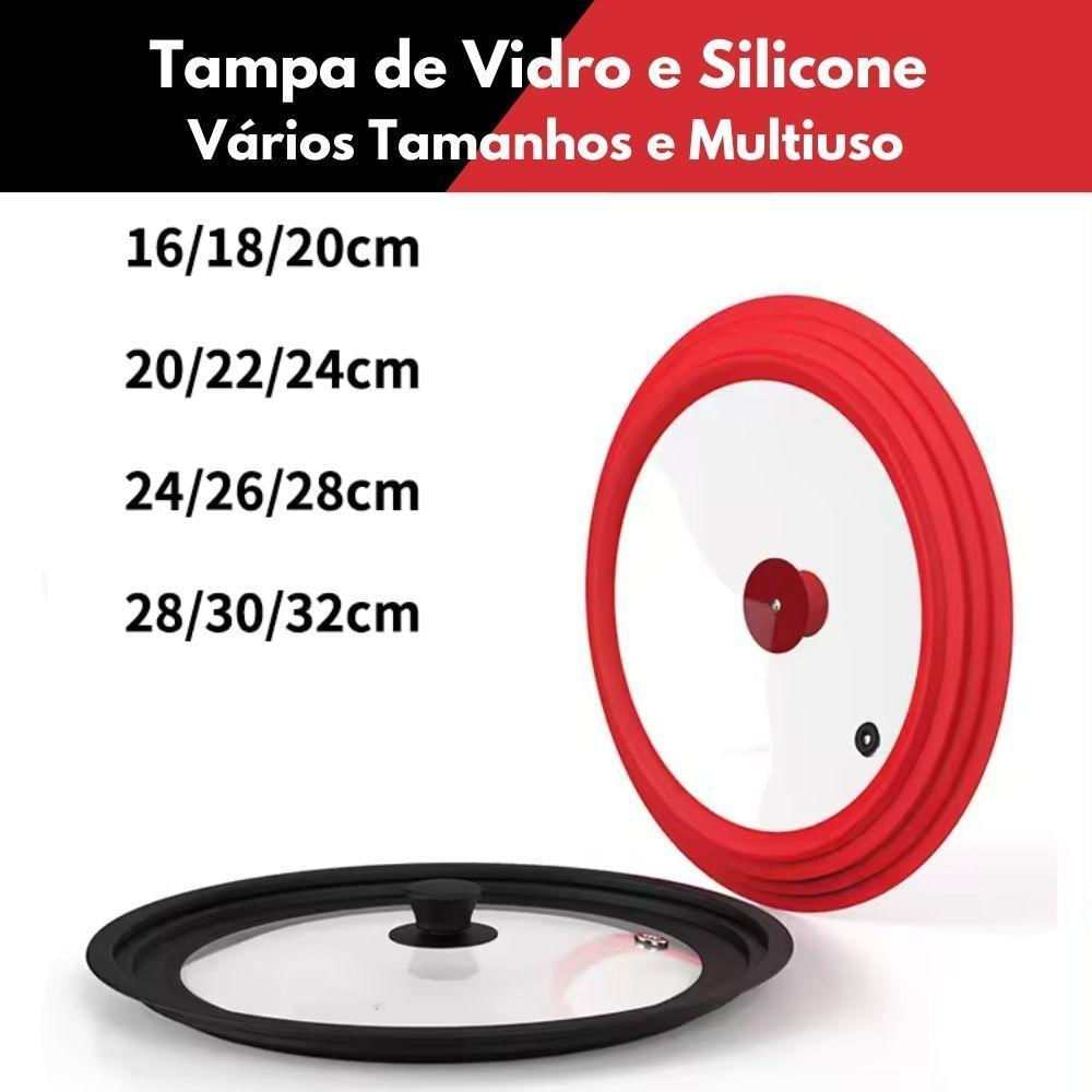 Tampa De Vidro Panela Silicone Frigideira Multiuso 3 Em 1 Preto G:24-26-28