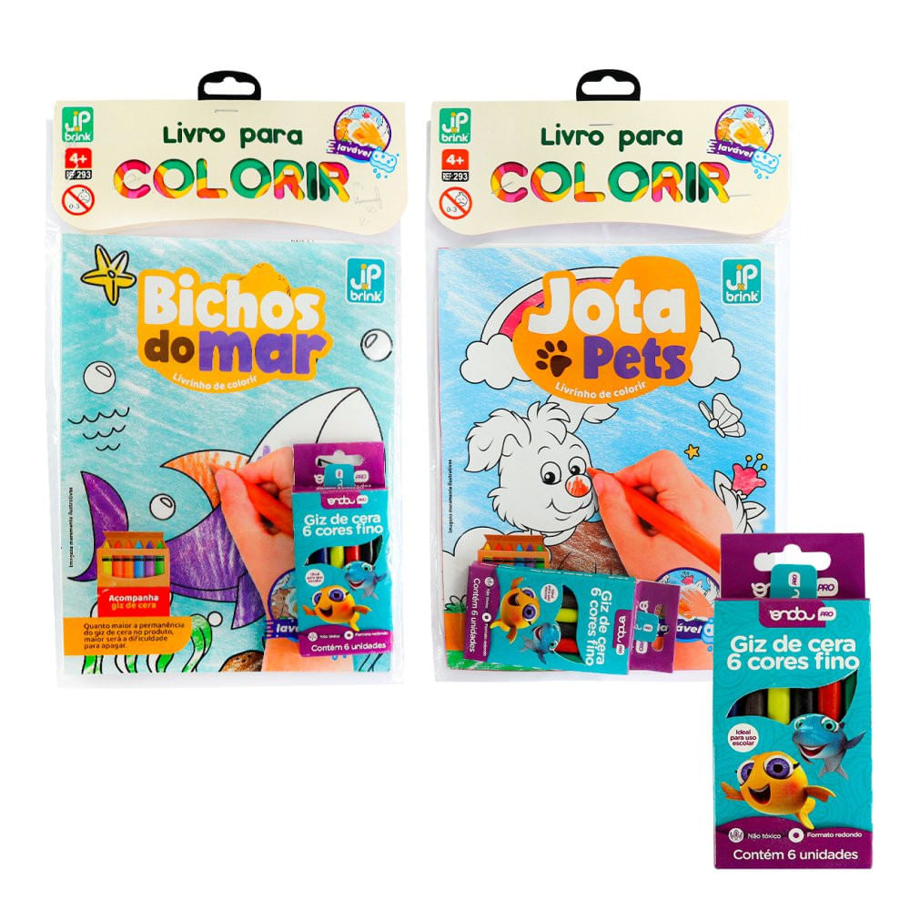 Livro para colorir Infantil e 6 unidades Giz de Cera Cores Fino