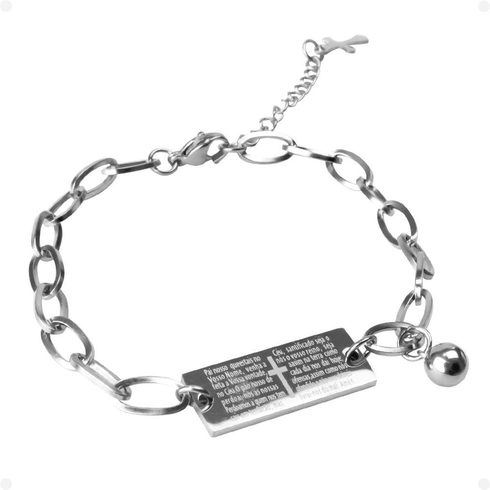 Pulseira Masculina Aço Inoxidável Prata + Pingente Pai Nosso