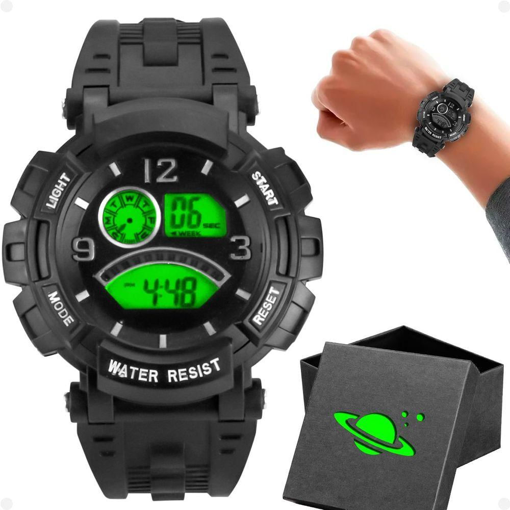 Relogio Digital Led Infantil Silicone Preto Criança + Caixa Kids