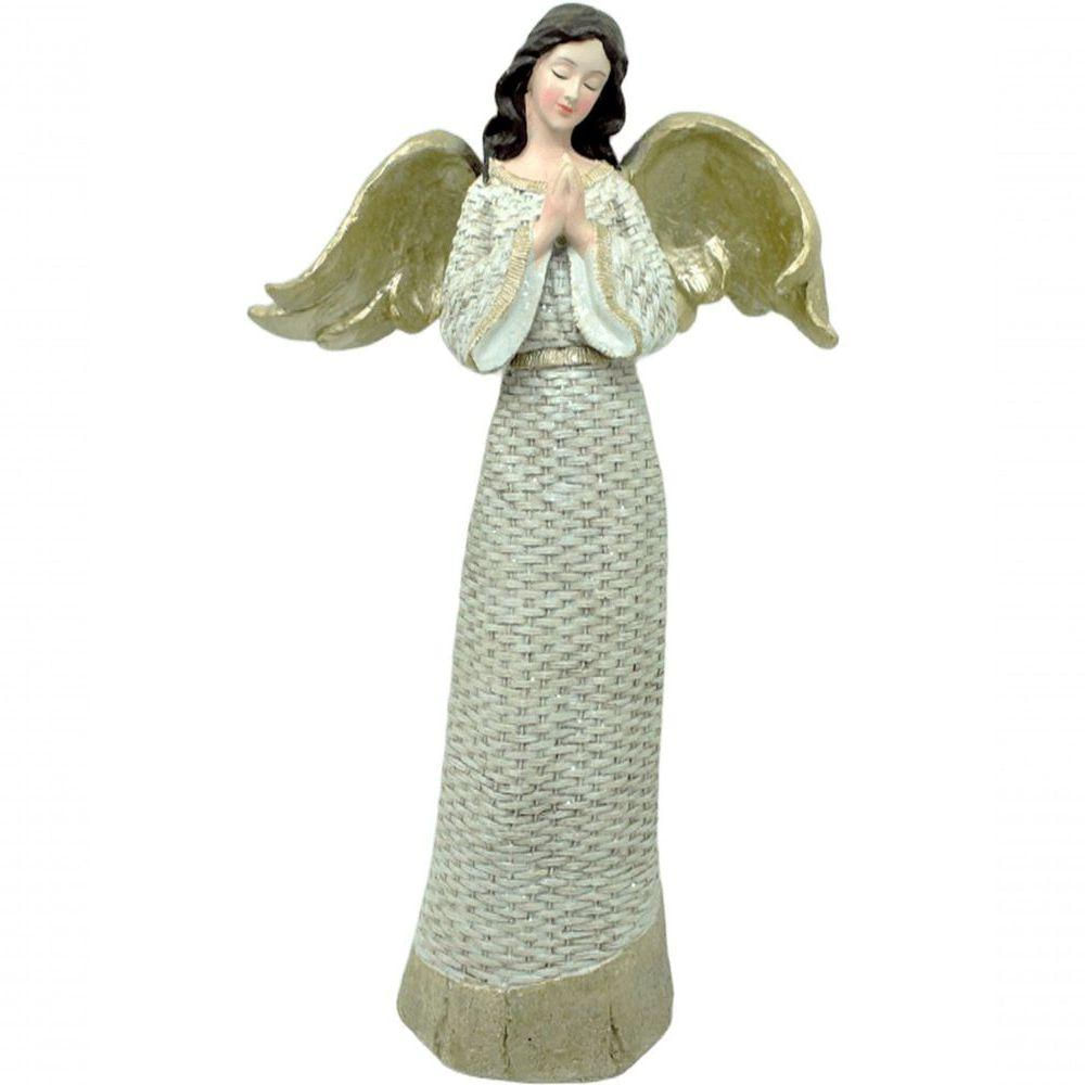 Anjo Decorativo Com Gliter Branco Enfeite Resina Natal 38cm